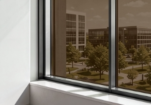 Tinted window film on the glazing, view of office buildings