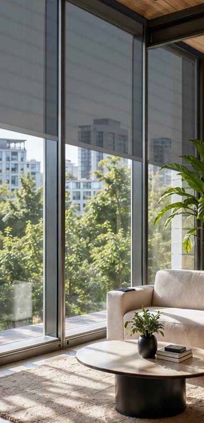Bright living space with roller shades at large windows and a view of greenery