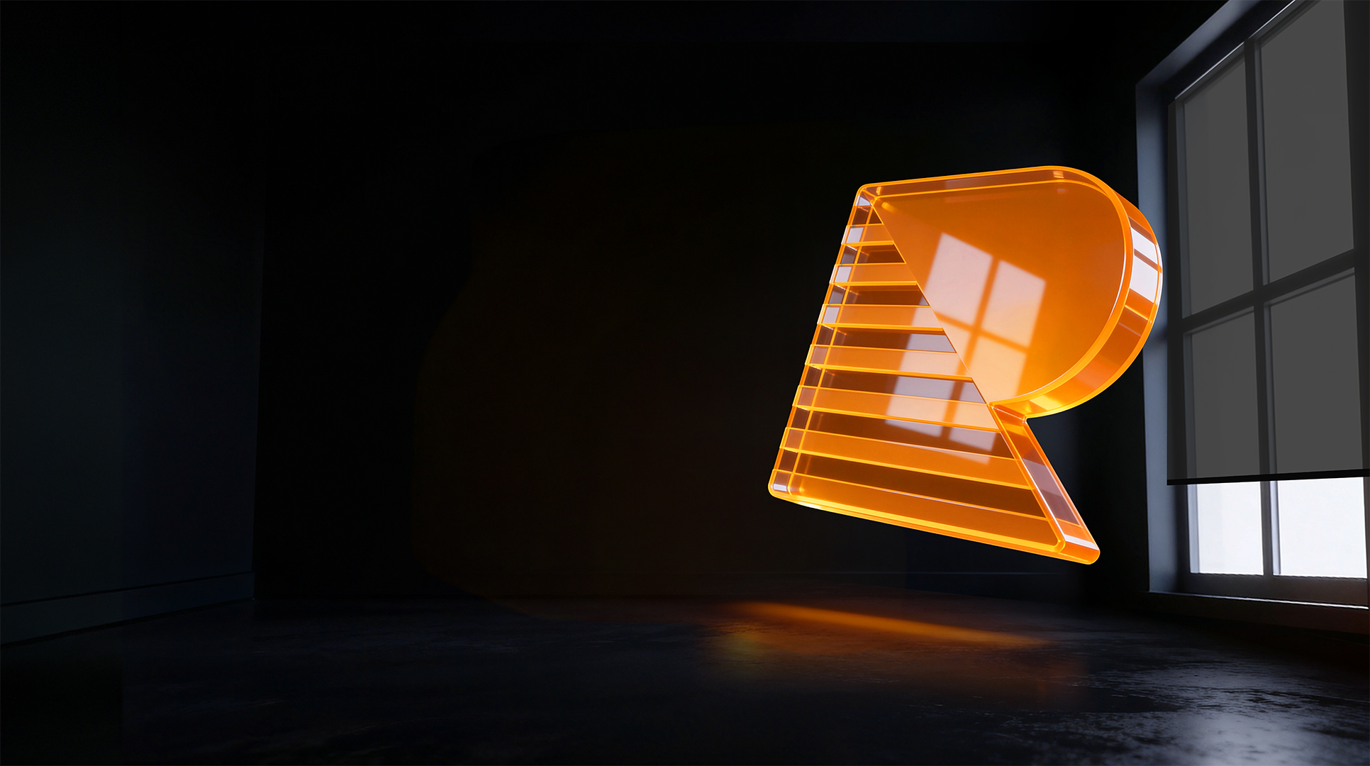Orange glass RHODESHADE R in front of a window with a roller shade